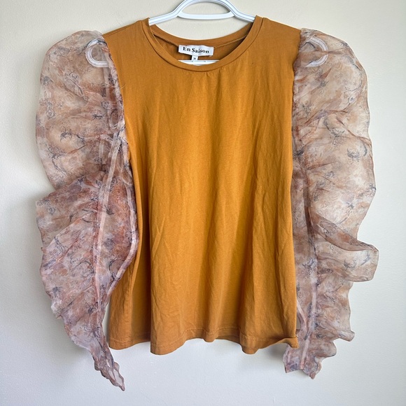 En Saison Puff Sleeve Blouse Size M Mustard Yellow Organza Ruffle Sleeve BohoTop - Picture 2 of 6